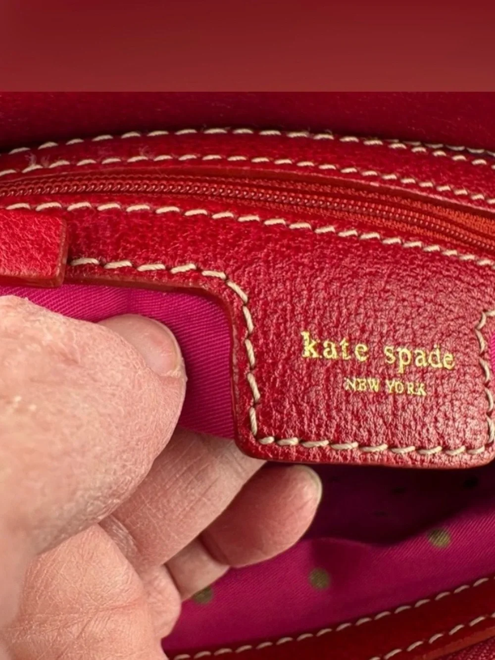 kate spade Red Pebbled Leather Structured Tote with Gold Accents